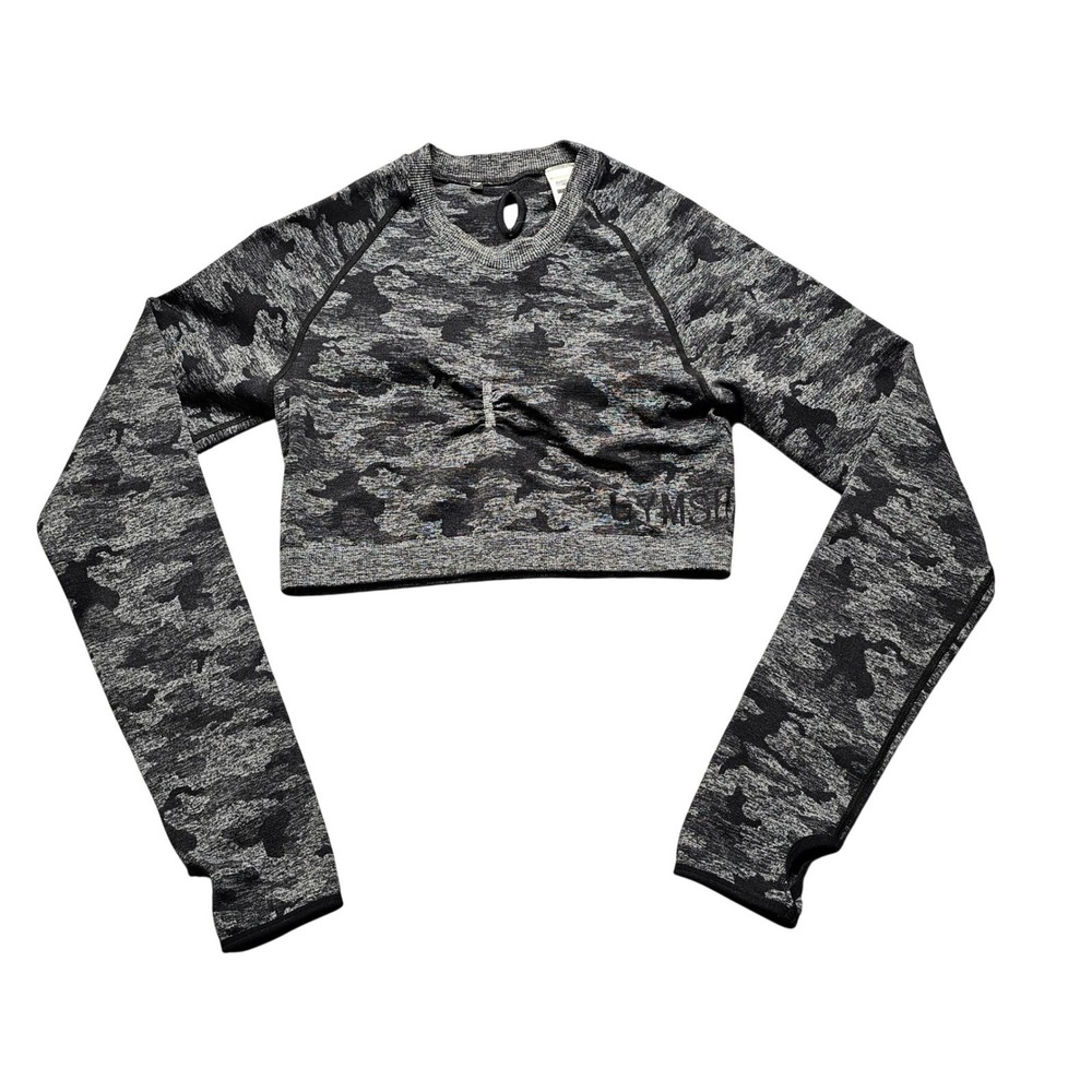 Gymshark Adapt Camo Seamless Long Sleeve Crop Top Black Grey Activewear Size L
